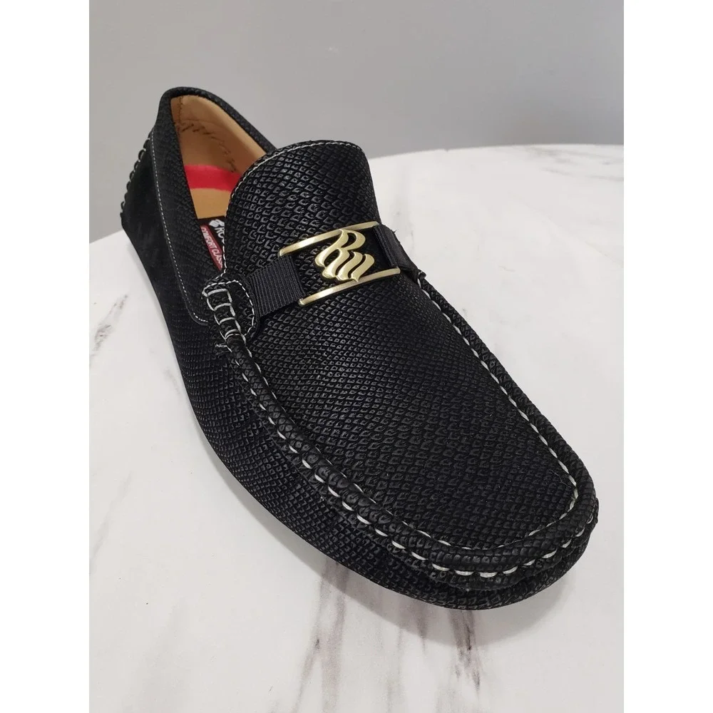 NEW Rocawear 9.5 Black Textured Driving Loafers Gold Logo Slip On Casual Shoes